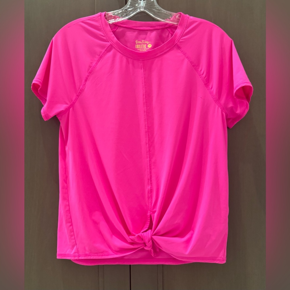 Lilly Pulitzer Branded Luxletic Hot Pink Short-Sleeve Knot Front Logo Tee, Sz M